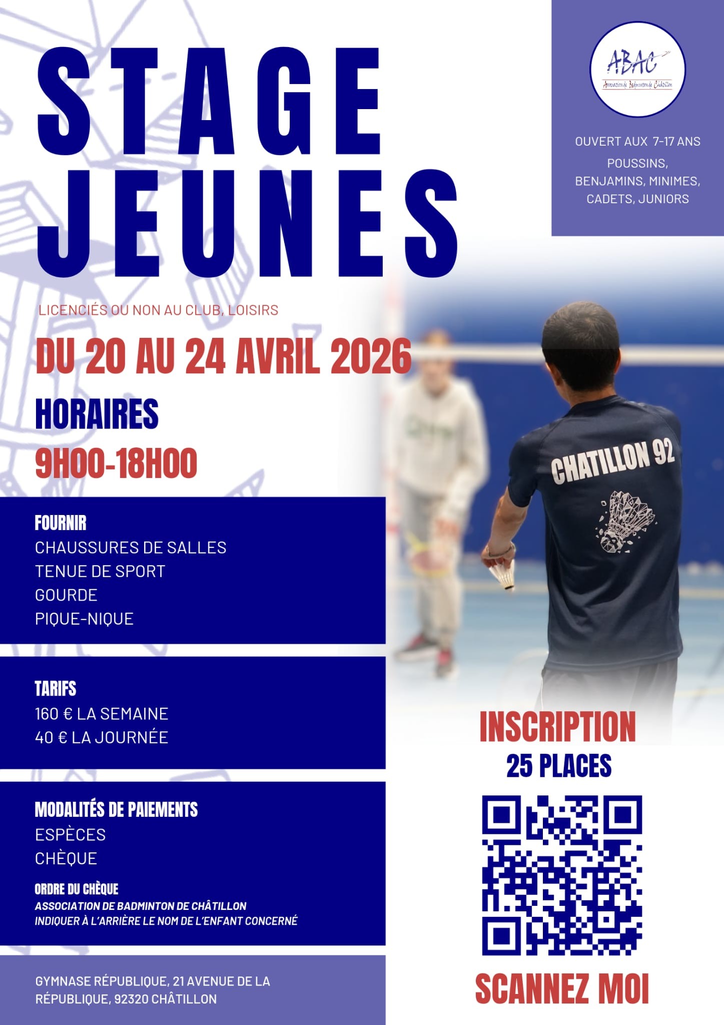 Stage jeunes - Badminton - 1ère semaine des vacances de Printemps